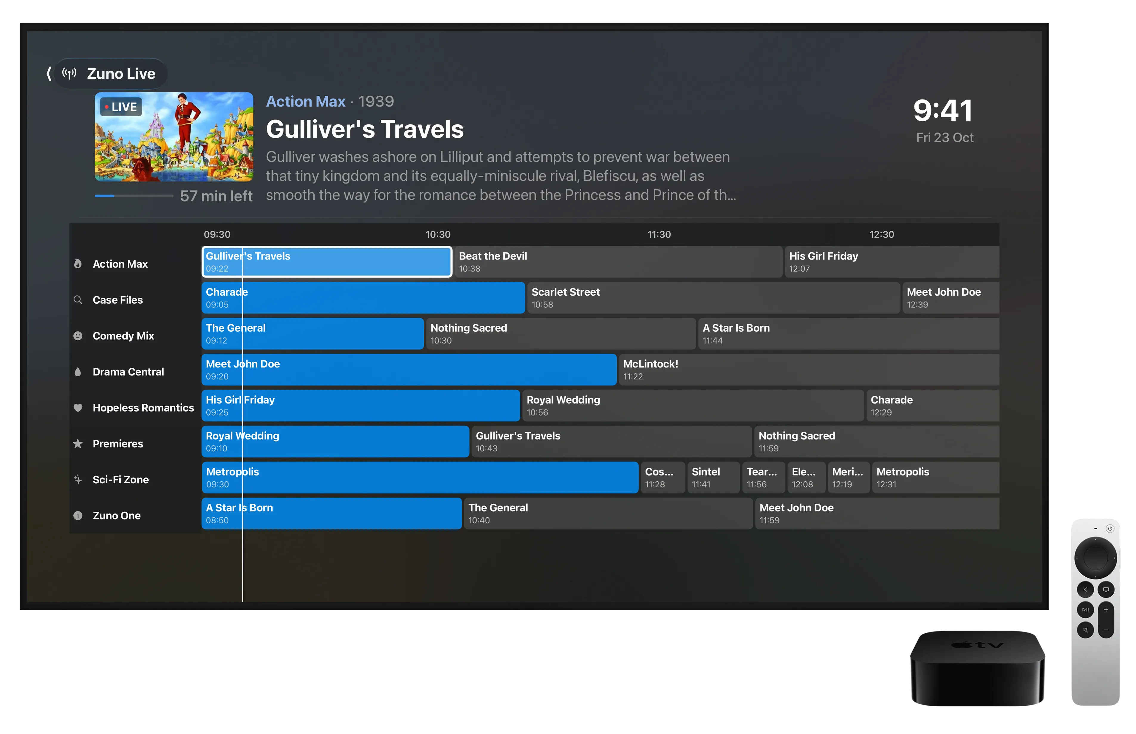 The Zuno Live programme guide on Apple TV, with Gulliver’s Travels on the Action Max channel.